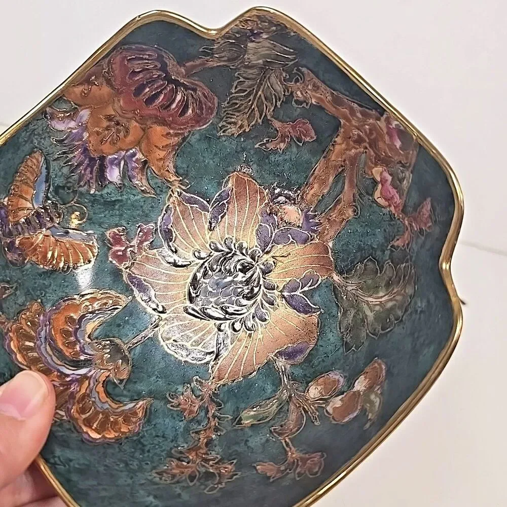 Cloisonné Multicolored Floral Bowl Vintage Chinese Gilded Teal Gold Decor 6